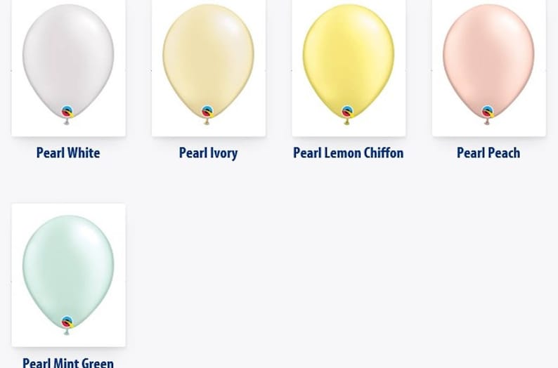 May include: A collection of pearl-finish balloons in various colors, including white, ivory, lemon chiffon, peach, and mint green. Each balloon has a colorful ribbon and the text "Pearl" followed by the color name.