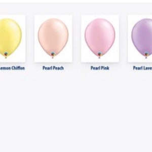 May include: A collection of pastel pearl balloons in various colors, including white, ivory, lemon chiffon, peach, pink, lavender, light blue, azure, and mint green. Each balloon is labeled with its respective color name.