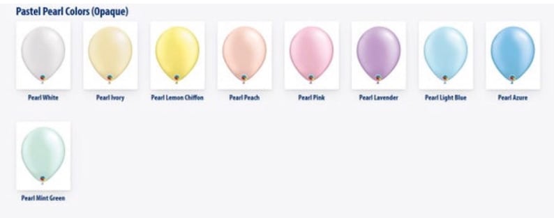 May include: A collection of pastel pearl balloons in various colors, including white, ivory, lemon chiffon, peach, pink, lavender, light blue, azure, and mint green. Each balloon is labeled with its respective color name.