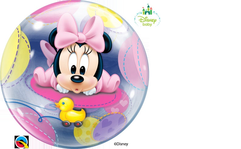 May include: A Disney Baby bubble balloon featuring Minnie Mouse in a pink outfit and bow. The balloon has a clear background with pastel shapes and a yellow toy duck. The Disney Baby logo is visible.