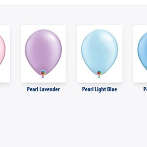 May include: Four pearl balloons in shades of pink, lavender, light blue, and azure. Each balloon is labeled with its color name. These balloons are suitable for parties and celebrations.