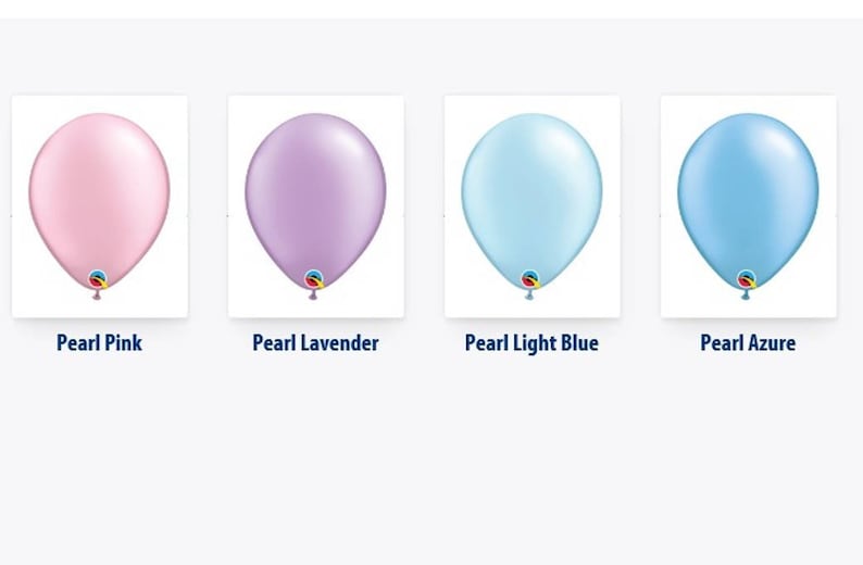 May include: Four pearl balloons in shades of pink, lavender, light blue, and azure. Each balloon is labeled with its color name. These balloons are suitable for parties and celebrations.