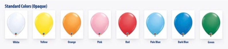 May include: A selection of opaque balloons in various colors, including white, yellow, orange, pink, red, pale blue, dark blue, and green. The text "Standard Colors (Opaque)" is displayed above the balloons, with each color labeled below.