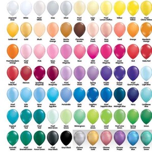 May include: A color chart of balloons in various shades, including white, yellow, orange, pink, red, blue, green, and metallic colors. Each balloon is labeled with its specific color name, such as "Pearl White" and "Emerald Green."