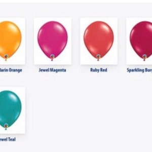 May include: A graphic showing a variety of transparent jewel-toned balloons. Colors include Diamond Clear, Citrine Yellow, Mandarin Orange, Jewel Magenta, Ruby Red, Sparkling Burgundy, Quartz Purple, Sapphire Blue, Jewel Lime, Emerald Green, and Jewel Teal.