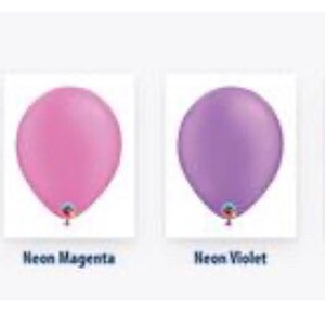 May include: A display of six opaque neon-colored balloons. The balloons are in shades of orange, pink, magenta, violet, blue, and green. Each balloon has a small, silver-colored attachment at the bottom. The text "Neon Colors (Opaque)" is at the top.