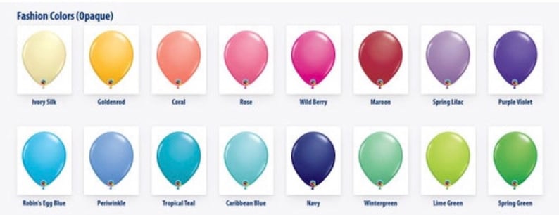May include: A color chart of opaque balloons in various shades. The balloons are labeled with names like Ivory Silk, Goldenrod, Coral, Rose, and Wild Berry. Other colors include blue, green, and purple hues. The text "Fashion Colors (Opaque)" is at the top.