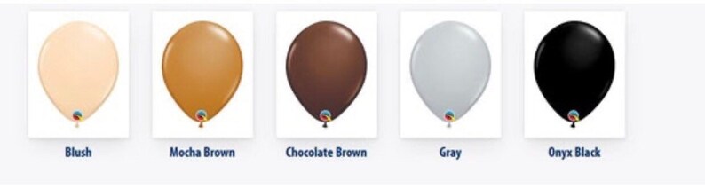 May include: A collection of five balloons in various colors: blush, mocha brown, chocolate brown, gray, and onyx black. Each balloon is a classic teardrop shape with a tied neck and a small decorative element at the base. The balloons are displayed against a white background.