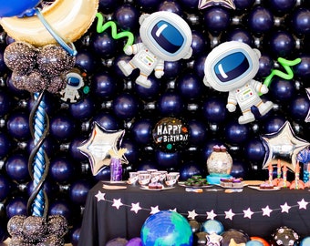 Astronaut 37" Jumbo foil balloon, space theme party for children, 35" crescent moon,29" rocket, 36" earth, 22" Earth, 20" Star decorations.