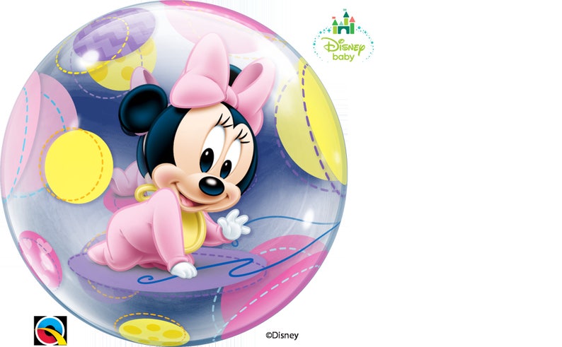 May include: A Disney Baby balloon featuring Minnie Mouse in a pink outfit and bow. The balloon has a clear background with colorful polka dots and stitched lines. The Disney Baby logo is visible.