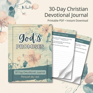 Może przedstawiać: 30-dniowy chrześcijański dziennik modlitewny w formacie PDF do druku z kwiatową okładką zawierającą tekst God's Promises oraz Peacefully Led. Strony zawierają sekcje w linie z nagłówkami takimi jak God Will Provide oraz You Peace.