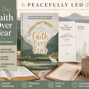 May include: A 7-day devotional book titled Faith Over Fear with a mountain and deer cover illustration, accompanied by three printable reflection sheets, a spiral-bound notebook with a pen, and a ceramic mug featuring a heart design.