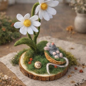 Puede incluir: Un diorama de fieltro caprichoso con dos margaritas blancas con centros amarillos, un ratón gris durmiendo en una cesta tejida y una concha de caracol sobre una base de madera musgosa. La escena está sobre un paño de lino.