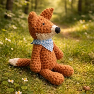 Könnte beinhalten: Eine handgefertigte Häkelfuchs-Puppe mit braunem Fell, einer weißen Schnauze und einer schwarzen Nase. Sie trägt ein blau-weiß kariertes Halstuch und sitzt auf grünem Gras mit kleinen weißen Blumen.
