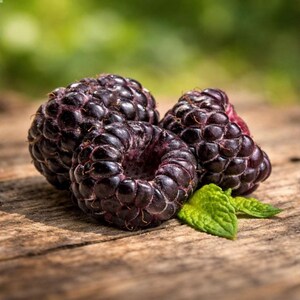 May include: Three dark purple, nearly black raspberries with a textured, bumpy surface. The berries are clustered together, with small, vibrant green mint leaves tucked underneath them, showcasing their deep color and rounded, hollow-centered shape.