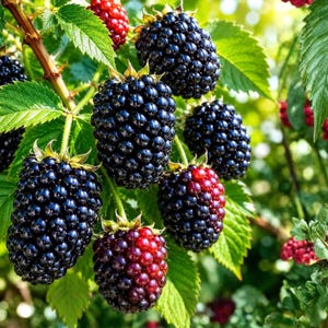 May include: A cluster of ripe blackberries hanging from a green leafy vine. The berries are dark purple and black with a textured surface, while some smaller berries show a transition from red to deep purple, attached to thin woody stems.