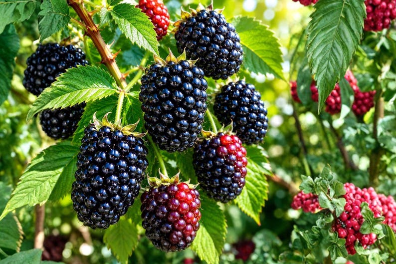 May include: A cluster of ripe blackberries hanging from a green leafy vine. The berries are dark purple and black with a textured surface, while some smaller berries show a transition from red to deep purple, attached to thin woody stems.