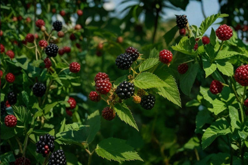 May include: A blackberry bush featuring clusters of ripe, dark purple-black berries and unripe, bright red berries. The plant has serrated green leaves and thin, woody stems, with the fruit at various stages of development throughout the foliage.