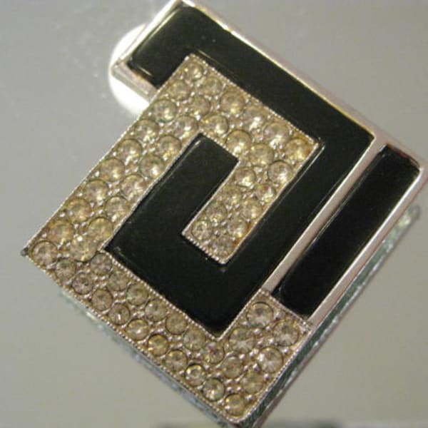 Judith Leiber vintage Jacket pin Broach, Modern design Black enamel and Clear Rhinestones, Signed