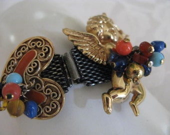 Estate Rare French signed ST TROPEZ Cherub&enameled heart Bracelet