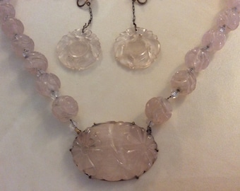 Vintage Chinese Carved Rose Quartz Necklace &14k.Pendant w.Rock Crystal Earrings