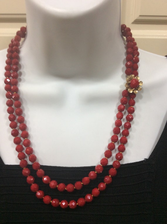 Vintage Faceted Red Glass Beads Two Strand Necklac