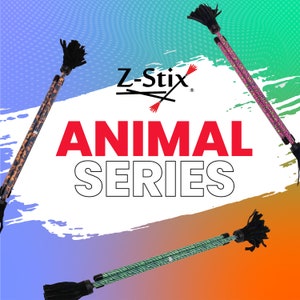 May include: Image of Z-Stix Animal Series. The image shows four batons with animal print designs, including leopard, zebra, and pink leopard patterns. Each baton has a black tassel at the top. The background is a gradient of blue, green, and orange.