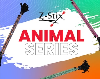 May include: Image of Z-Stix Animal Series. The image shows four batons with animal print designs, including leopard, zebra, and pink leopard patterns. Each baton has a black tassel at the top. The background is a gradient of blue, green, and orange.