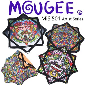 May include: Four star-shaped fabric mats from the MOUGEE MiSi501 Artist Series. Each mat features a distinct, vibrant, multi-colored graphic print with intricate patterns, bold lines, and black trim along the edges of the star-shaped design.