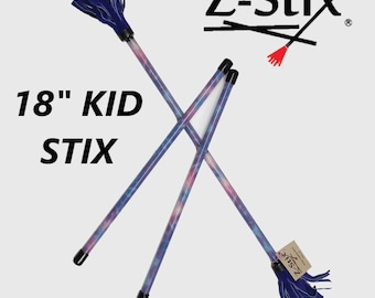May include: Three 18-inch purple and blue tie-dye Z-Stix with black tips and blue tassels. The text "18" KID STIX" is visible in the image.