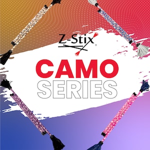 May include: Image features multiple Z-Stix Camo Series juggling sticks in various camouflage patterns. The sticks have black tassels and are set against a colorful gradient background. The text "Z-Stix" and "CAMO SERIES" are prominently displayed.