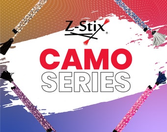 May include: The image showcases several Z-Stix Camo Series juggling sticks with different camouflage designs. Each stick has a black tassel. The background is a vibrant gradient. The text "Z-Stix" and "CAMO SERIES" are visible.