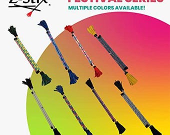 May include: A set of colourful Z-Stix, a type of juggling stick, with tassels. The sticks are made of a flexible material and are available in a variety of colours. The text "FESTIVAL SERIES" and "MULTIPLE COLORS AVAILABLE!" is displayed above the sticks.