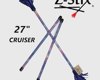 May include: Three Cruiser Z-Stix, each 68.58 cm long, with a galaxy design. The sticks have black tips and blue tassels. The Z-Stix logo is in the upper right corner. The text "27" and "CRUISER" are in the lower left corner.