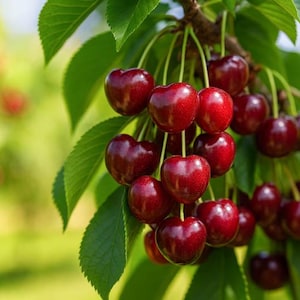 May include: A close-up of a cherry tree branch laden with ripe, dark red cherries. The cherries are clustered together, hanging from thin green stems, surrounded by green leaves. The background is a soft, blurred green.