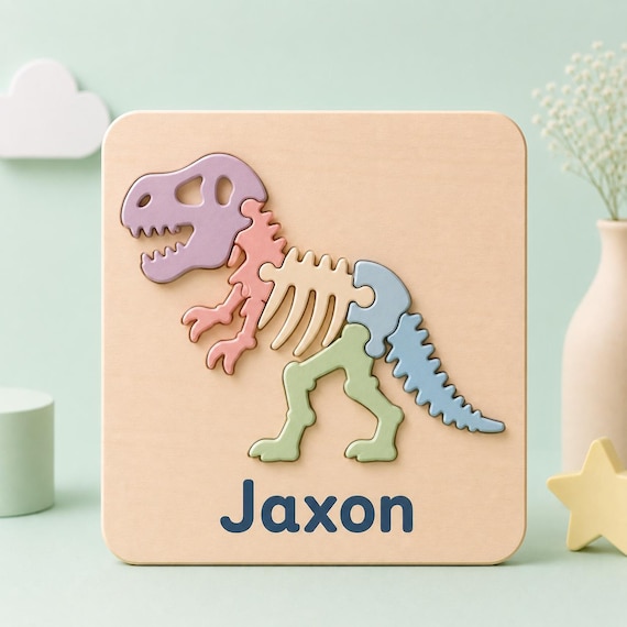 A custom wooden dinosaur skeleton puzzle where the dino's bones spell out your kid's name — part Montessori toy, part nursery art piece.