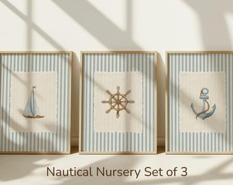 Set di 3 quadri a tema nautico per la cameretta / Decorazione murale con ancora, timone e barca a vela / Set di quadri a righe blu per la parete della cameretta del bambino (Download digitale)