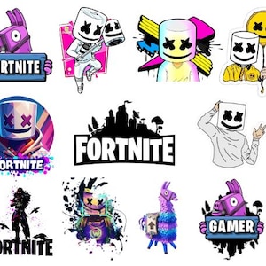 May include: A collection of colorful Fortnite-themed stickers. The stickers feature various characters and logos, including the Marshmello DJ, llamas, and the Fortnite logo. The designs incorporate vibrant colors and bold graphics, suitable for gamers and fans of the popular video game.
