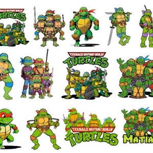 Puede incluir: Una colección de ilustraciones de las Tortugas Ninja. Las imágenes presentan a las cuatro tortugas, cada una con un color de máscara diferente y varias armas. El logotipo "Teenage Mutant Ninja Turtles" también está presente. Las tortugas se muestran en poses dinámicas.