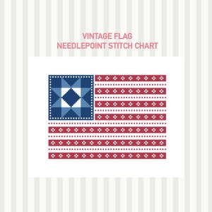 May include: A needlepoint stitch chart featuring a vintage flag design. The flag has a blue square with white and blue geometric shapes in the upper left corner. Red and white stripes make up the rest of the flag. The text "VINTAGE FLAG NEEDLEPOINT STITCH CHART" is above the flag.
