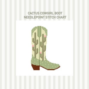 May include: A pixelated illustration of a cowgirl boot with a cactus design. The boot is primarily light green with brown accents and pink flowers. The text "CACTUS COWGIRL BOOT NEEDLEPOINT STITCH CHART" is above the boot.