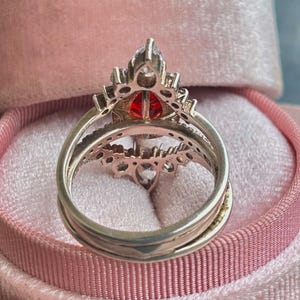Ruby Ring, Teardrop Red Gemstone Statement Ring, 18K Gold Pear Cut Ruby Halo Ring, Unique Multi Band Crown Ring, July Birthstone Jewelry