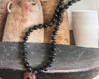 Epidote necklace with strawberry, quartz and bezel garnet heart pendant