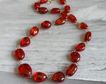 Orange zircon smooth nugget link statement necklace