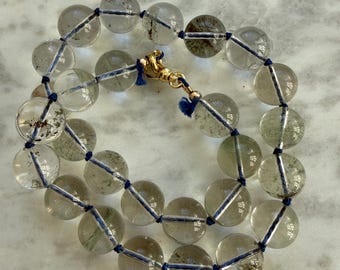 Round clear garden  quartz 14mm necklace with royal blue silk gold filled clasp