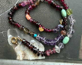 Multi gemstone knotted necklace with spring ring clasp garnet ruby amethyst sapphire turquoise herkimer sunstone