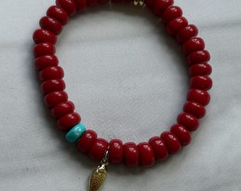 Red Coral Stretch Bracelet, Gold fishy Charm