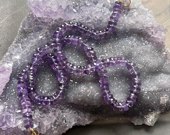 Natural faceted purple amethyst hand knotted gemstone necklace strand gold filled clasp