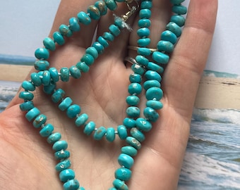 Smooth genuine turquoise knotted necklace strand gold filled clasp