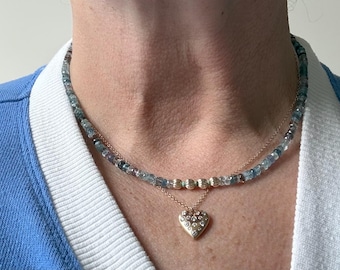 Delicate Aquamarine, spinel 14k gold filled accent beads necklace
